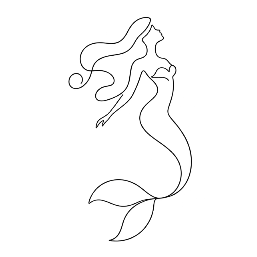 Single line mermaid tattoo design drawn as one sweeping unbroken stroke