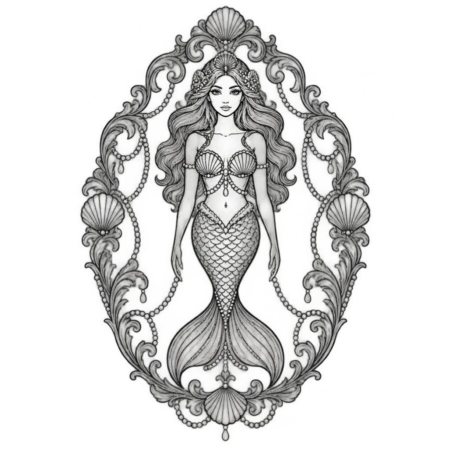 Ornamental filigree mermaid tattoo design in a lace medallion with pearls