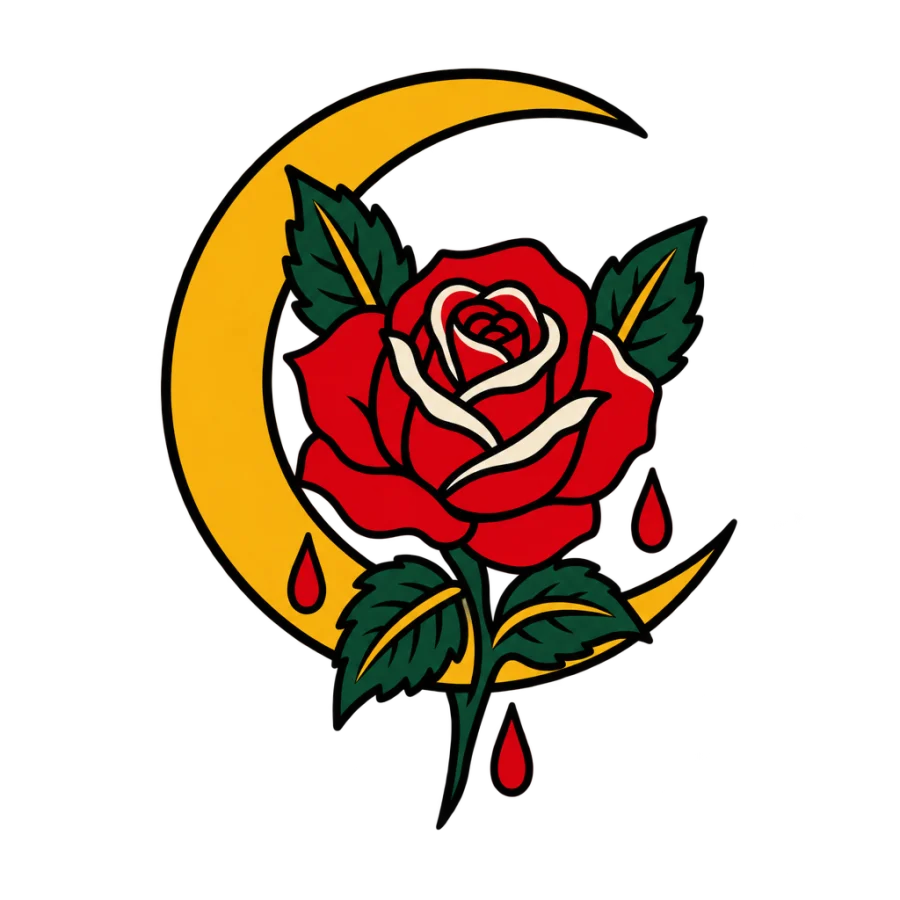 American traditional tattoo design of a crescent moon cradling an open rose