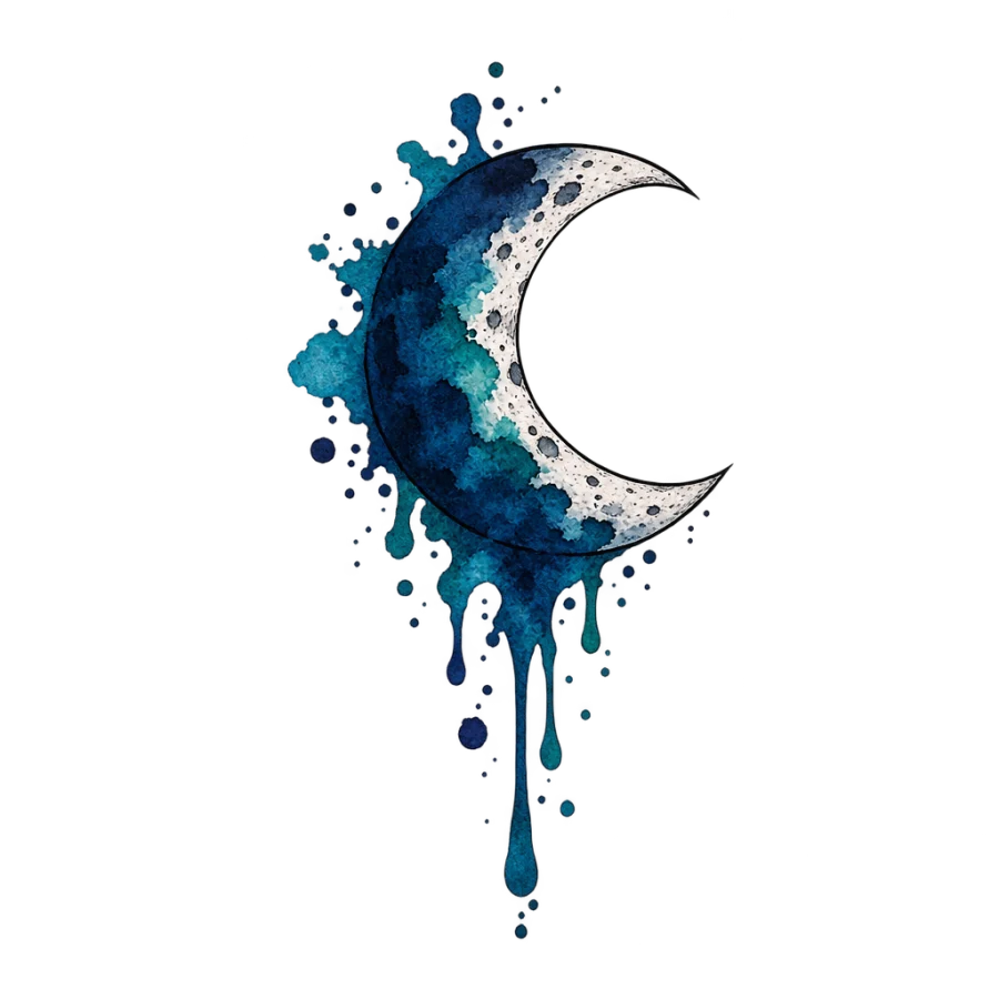 Watercolor tattoo design of a half moon with indigo and teal washes