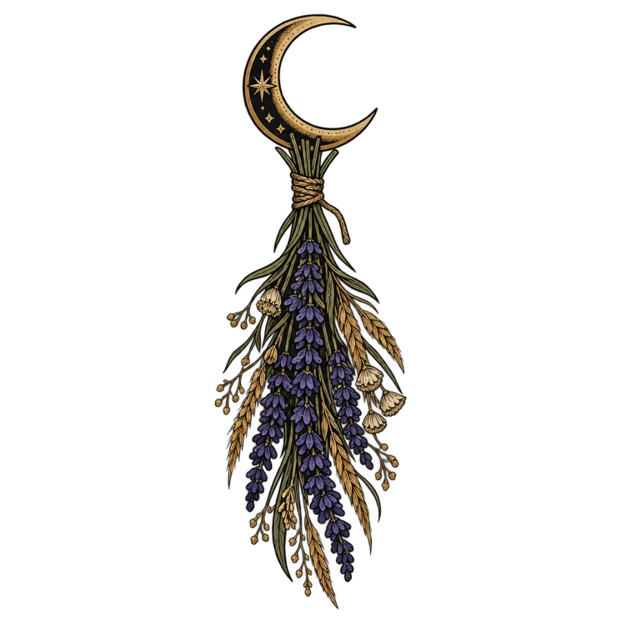 Neo traditional tattoo design of a crescent moon above hanging dried lavender