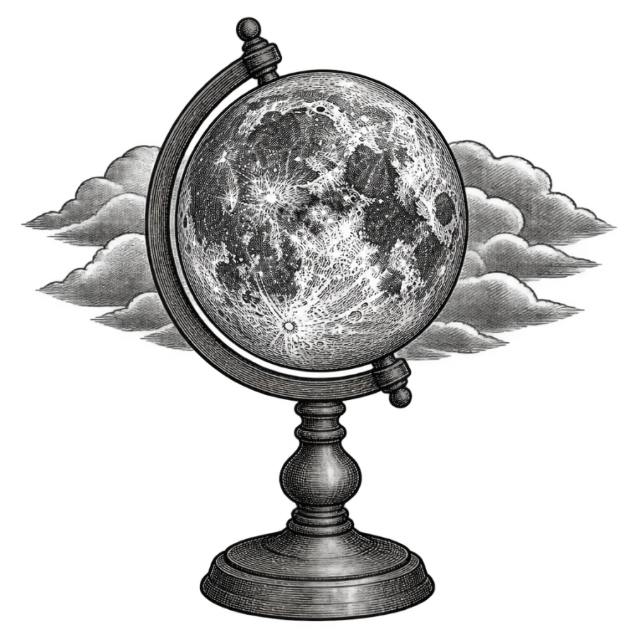 Engraved moon globe tattoo design on a cradle stand with hatched clouds