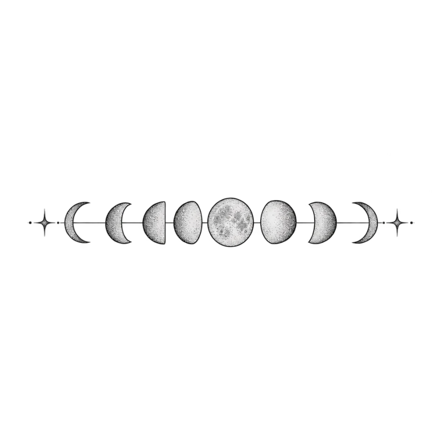 Fine line tattoo design of the eight moon phases strung along a thin line