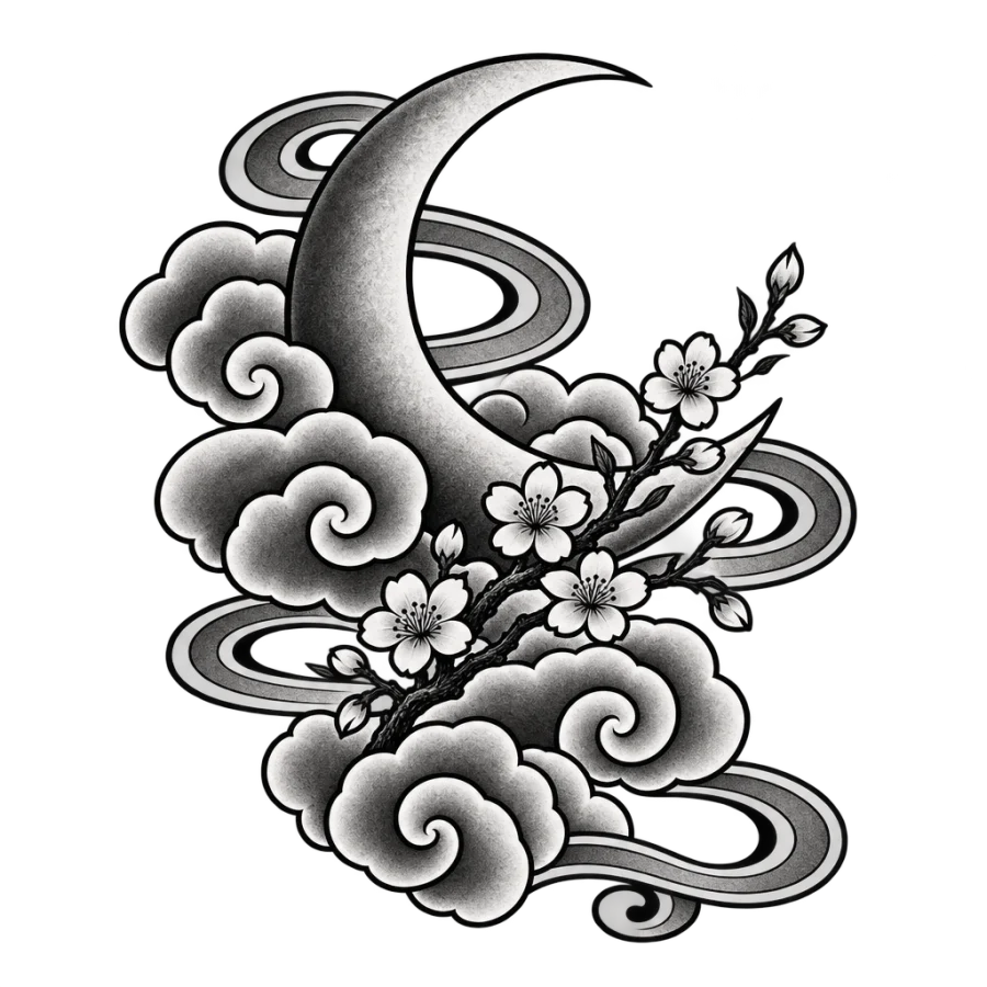 Japanese irezumi tattoo design of a crescent moon in clouds with blossom