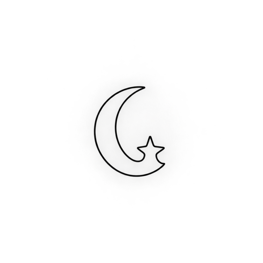 Minimalist single line tattoo design of a crescent moon holding a small star