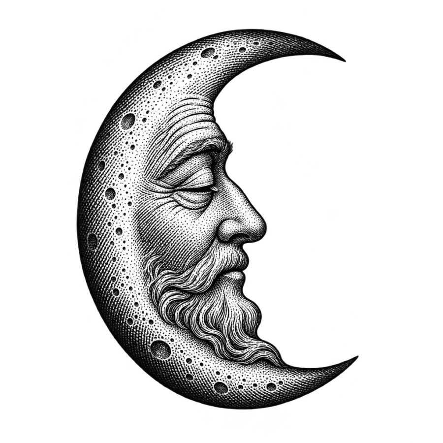 Engraving style tattoo design of a sleepy man in the moon inside a crescent