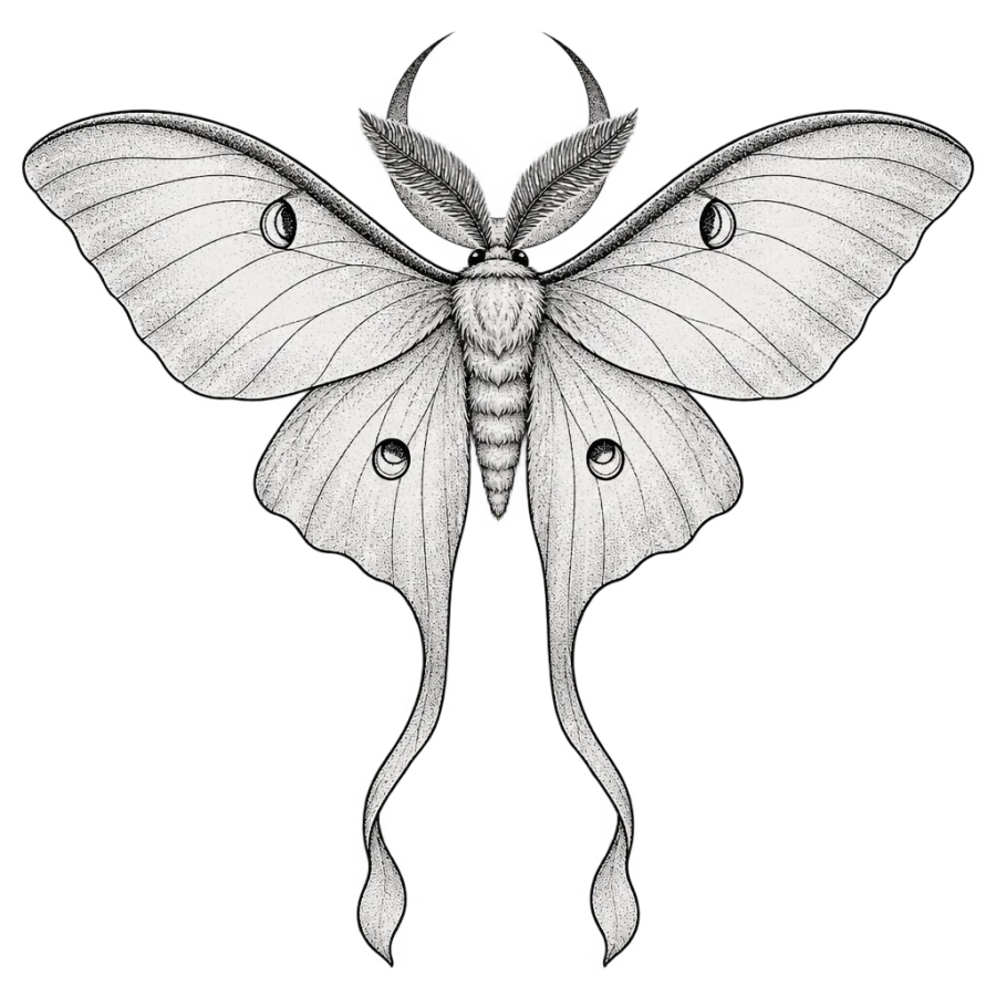Fine line luna moth tattoo design with trailing tails over a crescent moon
