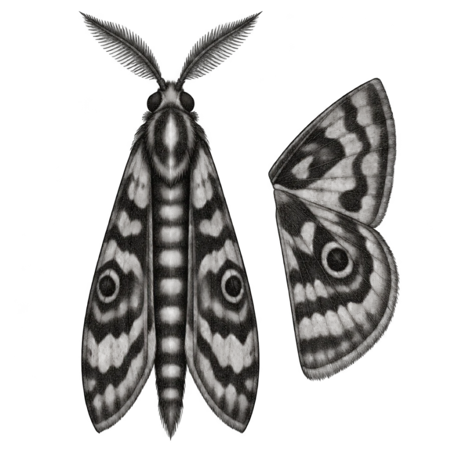 Engraved moth tattoo design drawn as an antique specimen plate with hatching