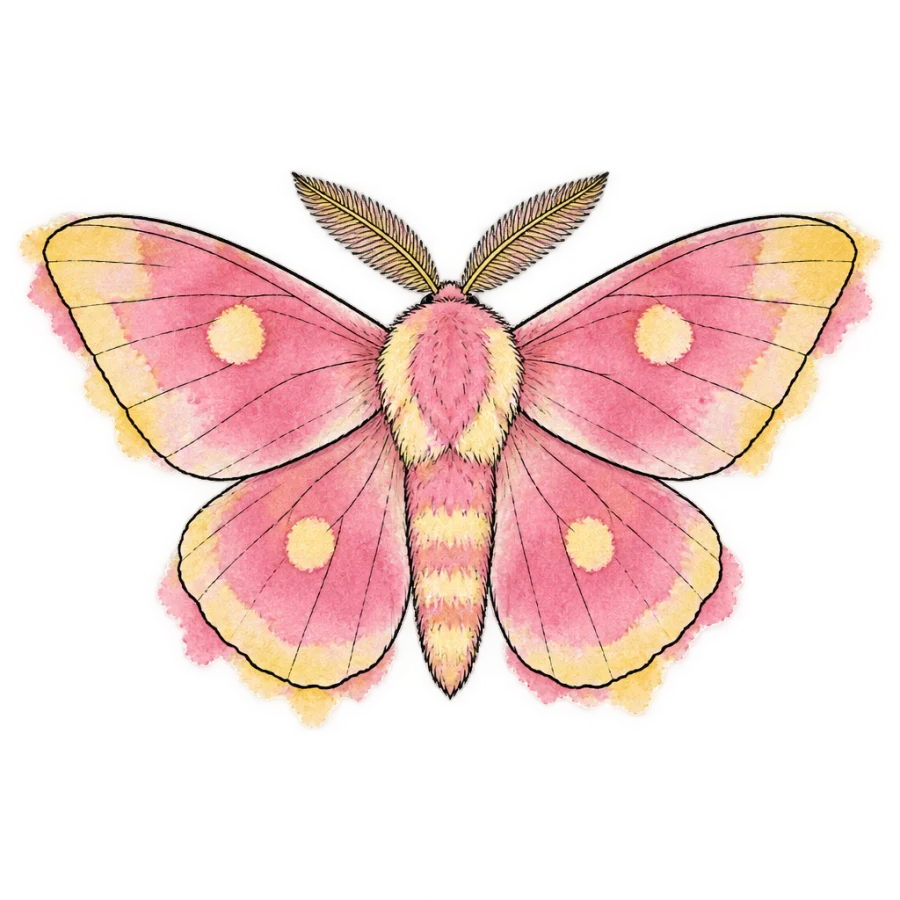 Watercolor rosy maple moth tattoo design with loose pink and yellow washes