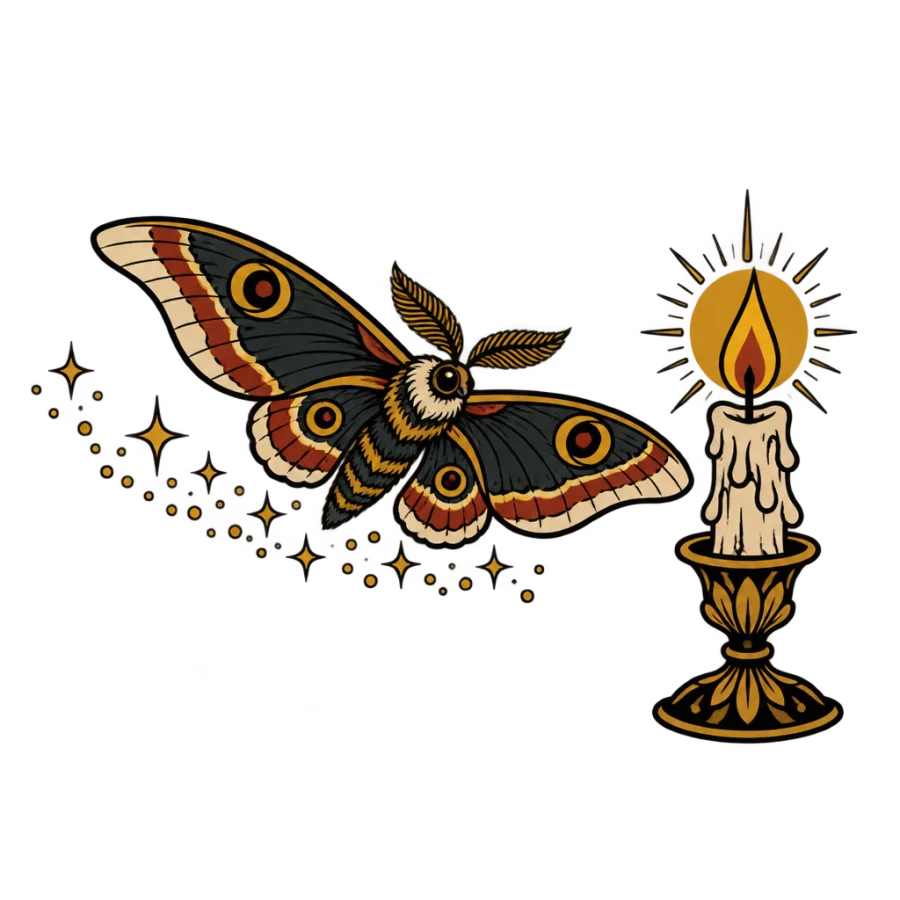 Neo traditional tattoo of a moth flying toward a lit candle flame