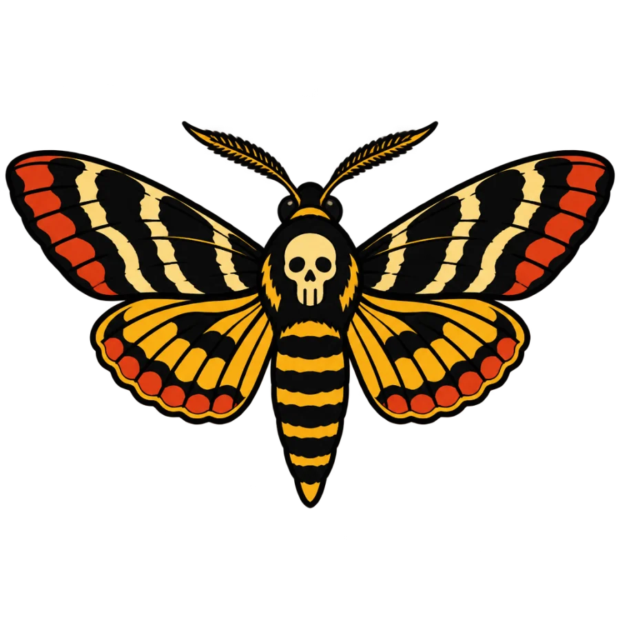 American traditional hawkmoth tattoo design with bold outlines and flat color fill