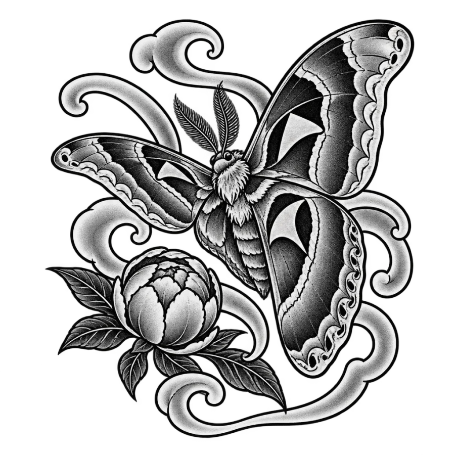 Japanese irezumi atlas moth tattoo design with grey wash wind bars