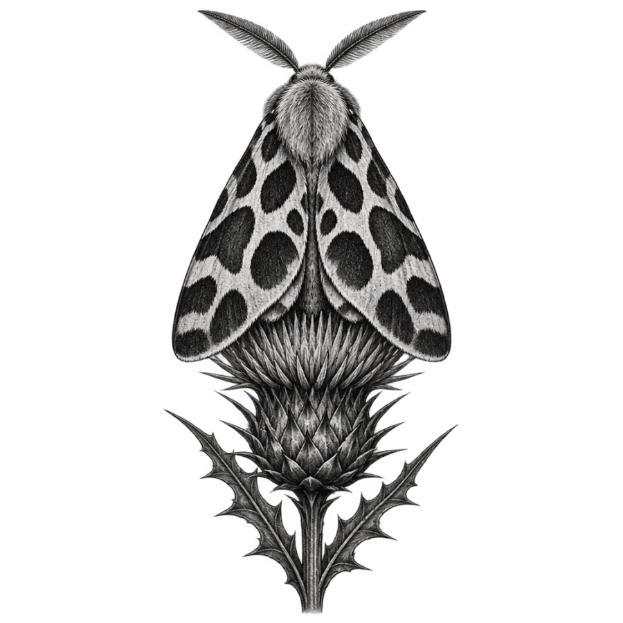 Black and grey realism tattoo of a tiger moth resting on a thistle