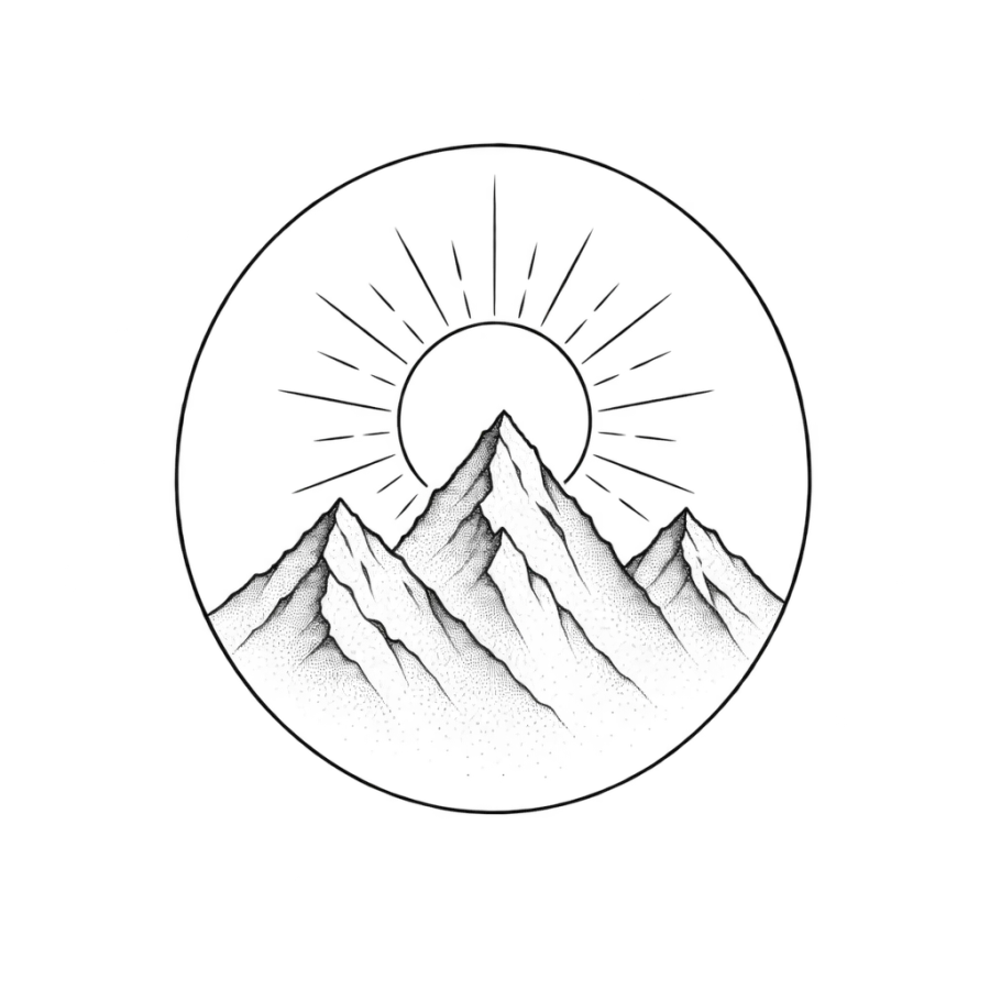Fine line tattoo of a mountain range and rising sun in a circle