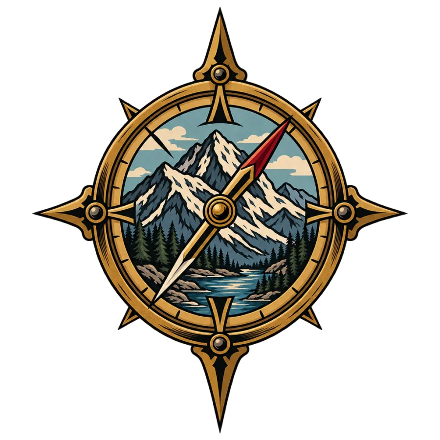 Neo traditional tattoo of mountains inside a vintage compass rose