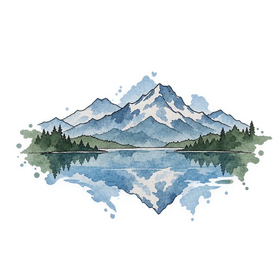 Watercolor tattoo of a mountain range reflected in a still lake