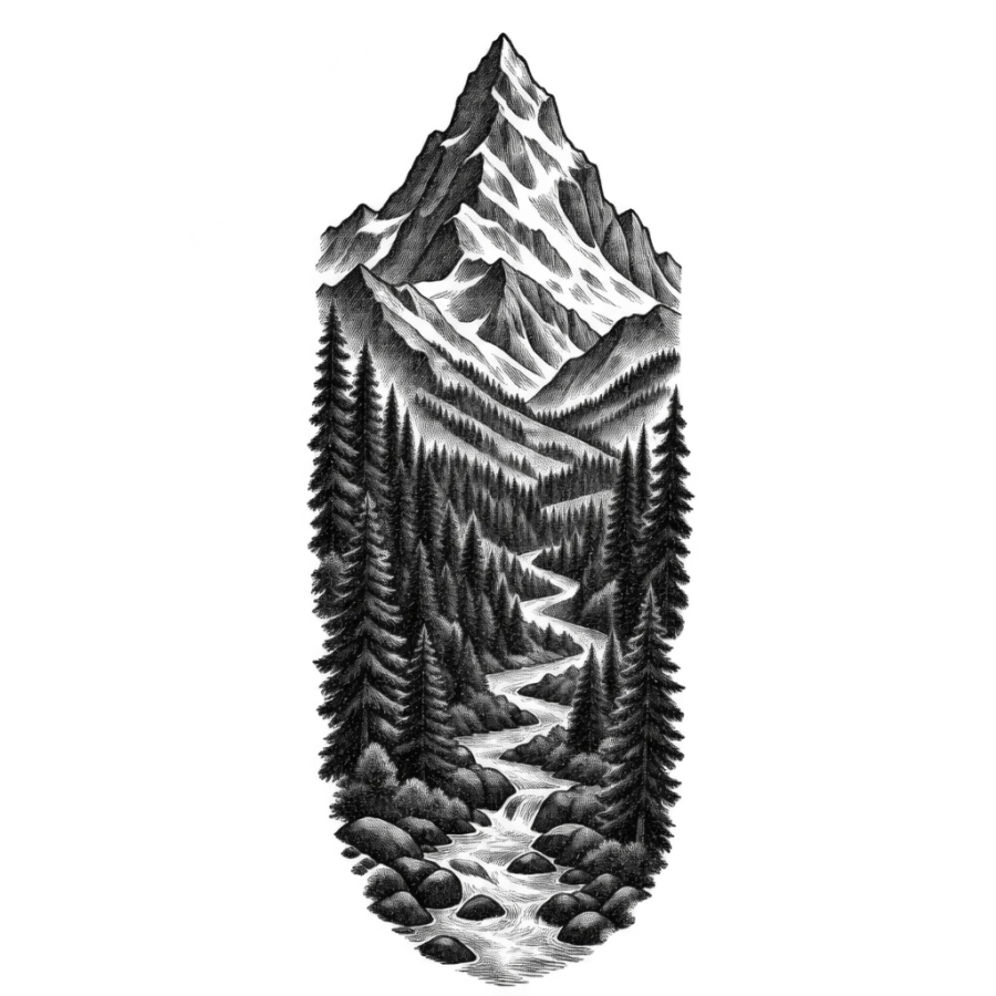 Engraving style tattoo of an alpine peak above a pine forest