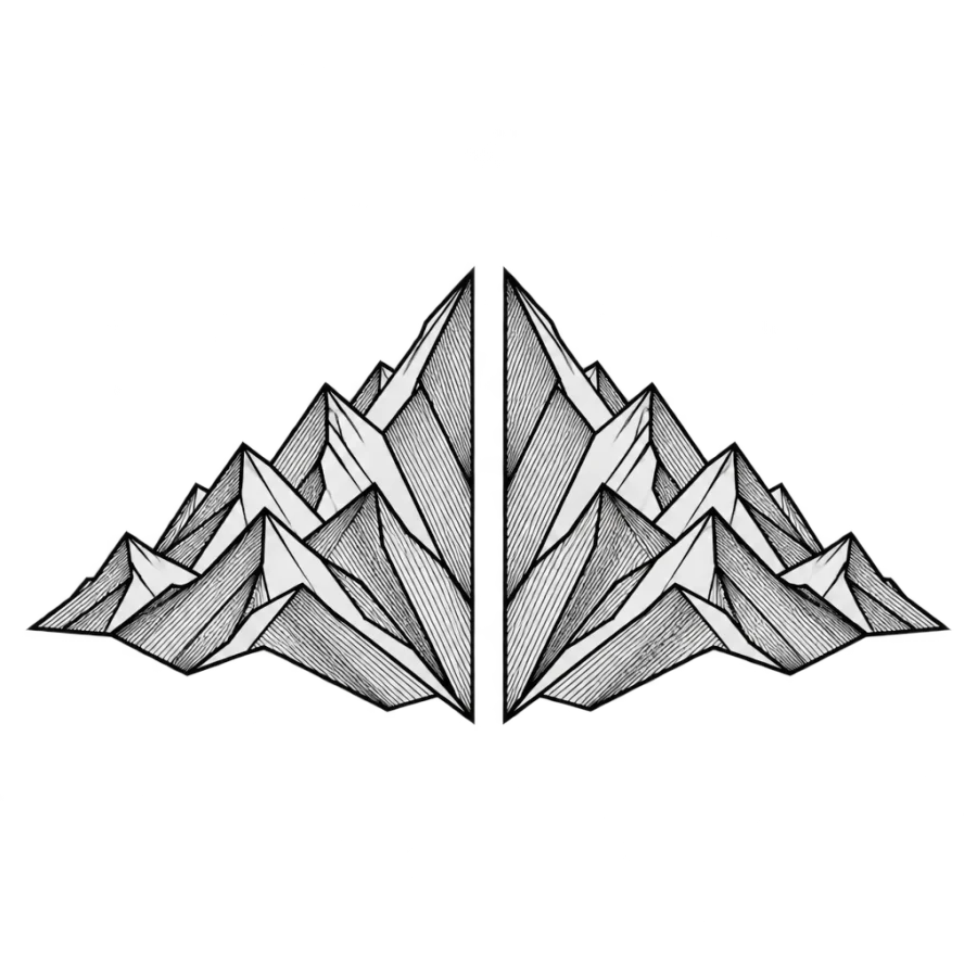 Symmetrical mirrored mountain halves tattoo in geometric linework