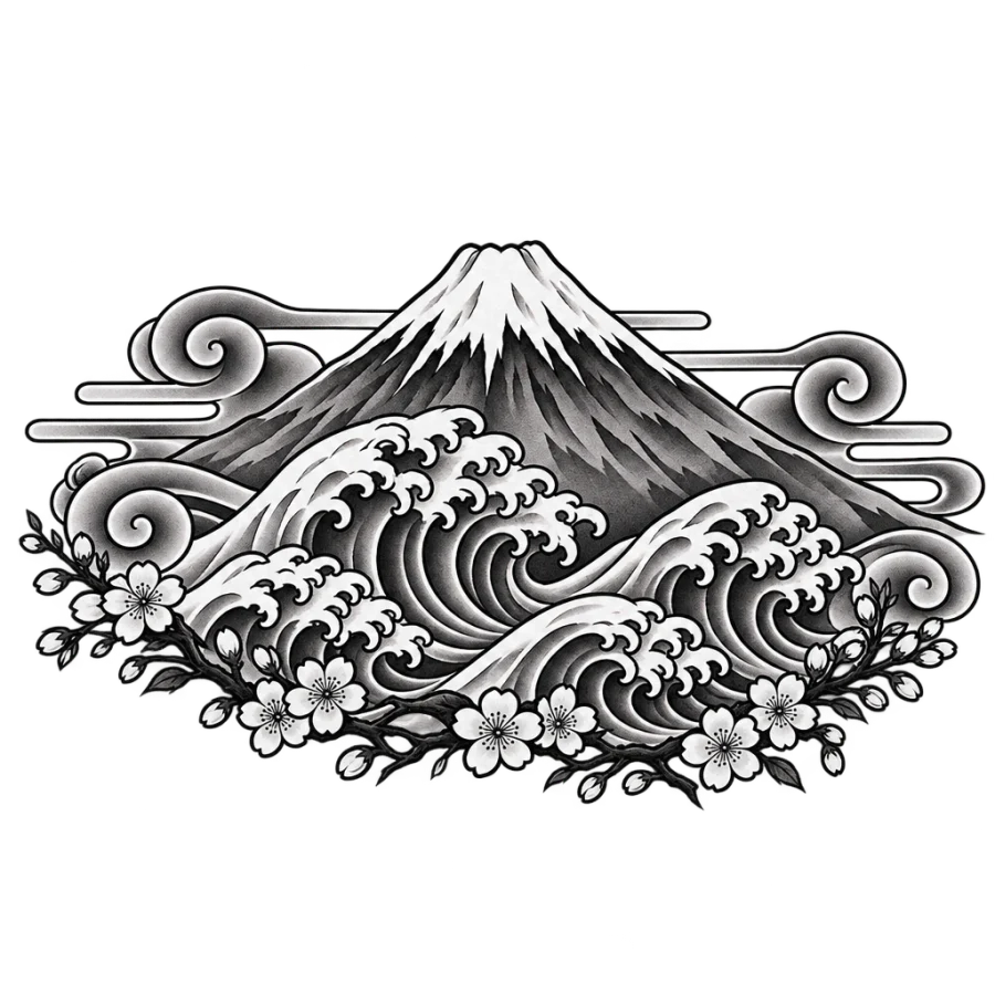 Japanese irezumi tattoo of a volcano above waves with cherry blossoms