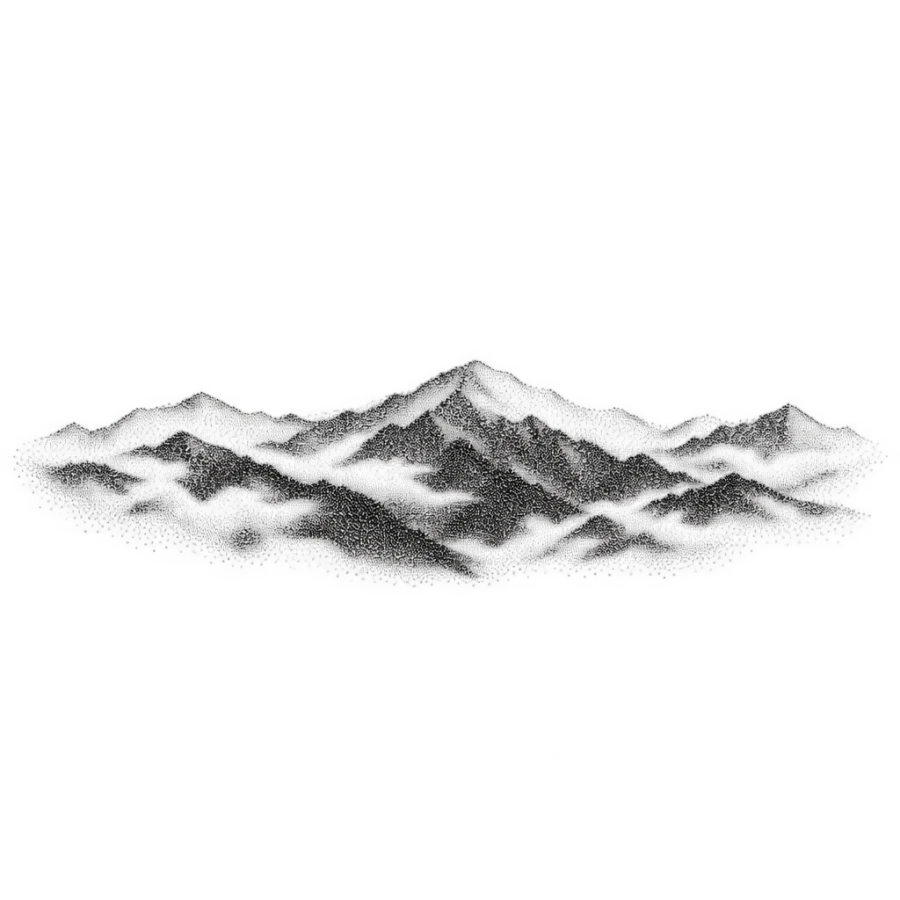 Dotwork stippled tattoo of a misty mountain ridge in a wide band