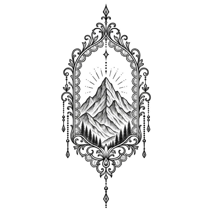 Ornamental filigree tattoo of a mountain inside an arched scroll frame