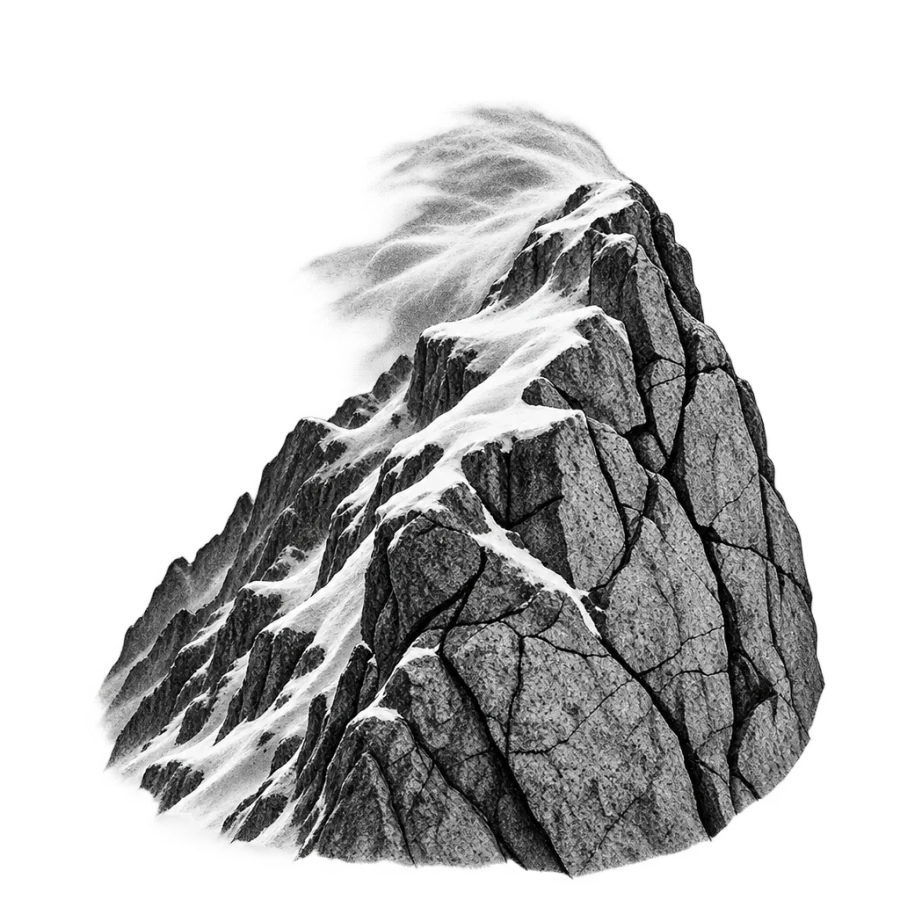 Black and grey realism tattoo of a rocky summit ridge and snow