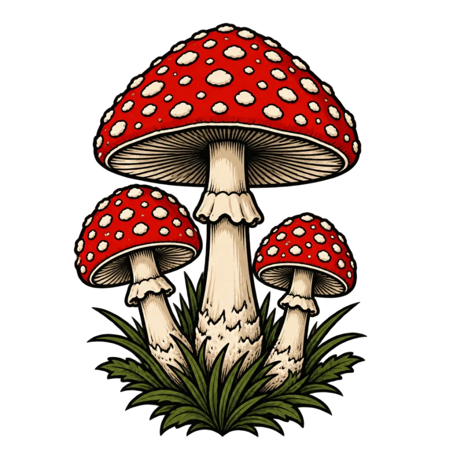 Neo traditional mushroom tattoo design of three spotted fly agaric caps