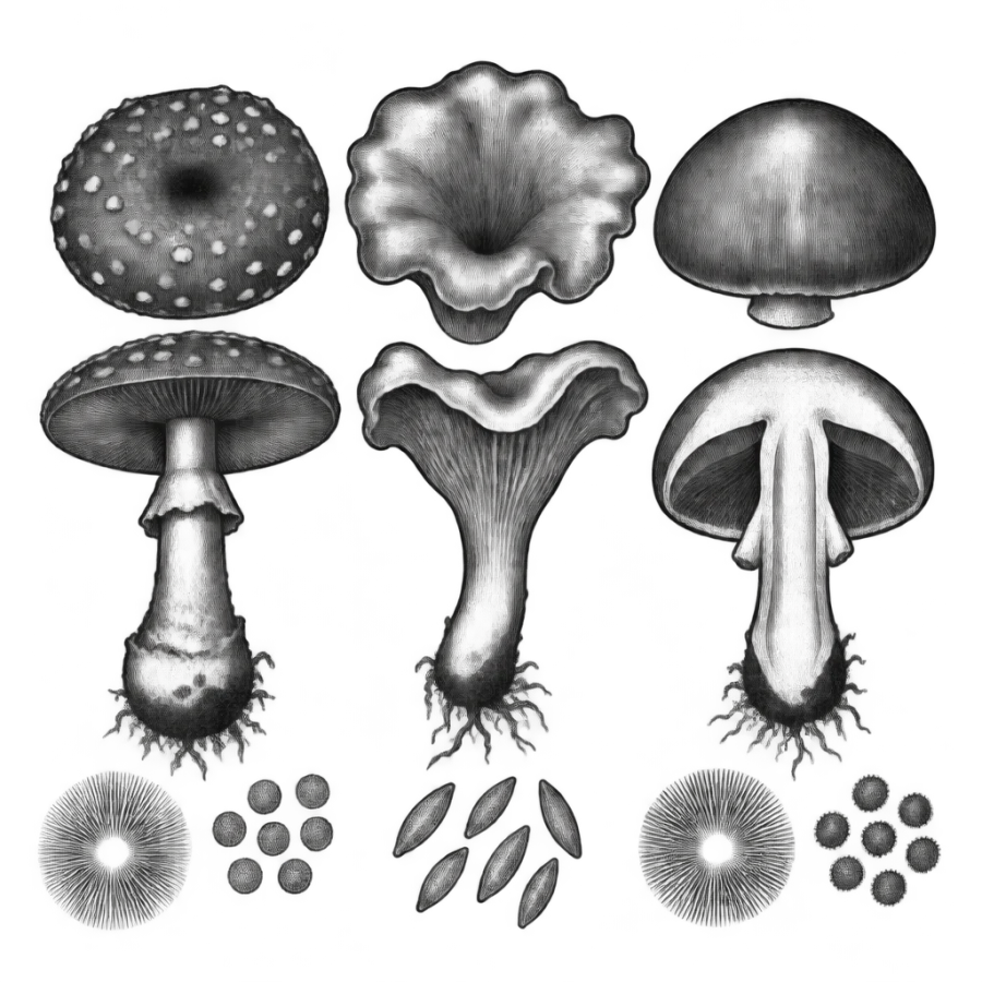 Engraved botanical mushroom plate tattoo with three species and cross sections