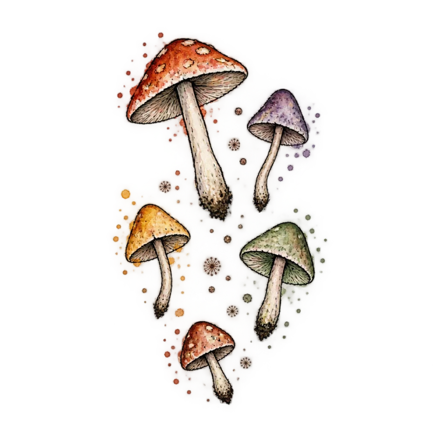 Watercolor mushroom tattoo design of a scattered cluster with drifting spores