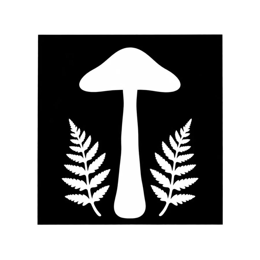 Negative space mushroom tattoo cut from a solid black square panel