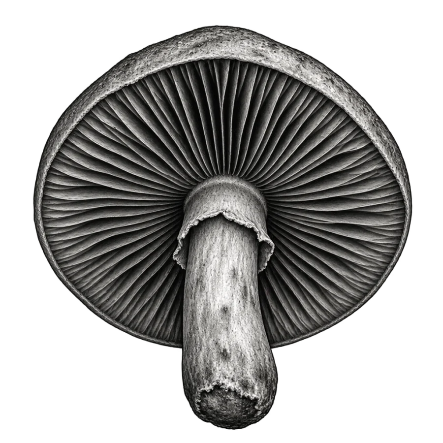 Black and grey realism mushroom tattoo design cropped close on the gills