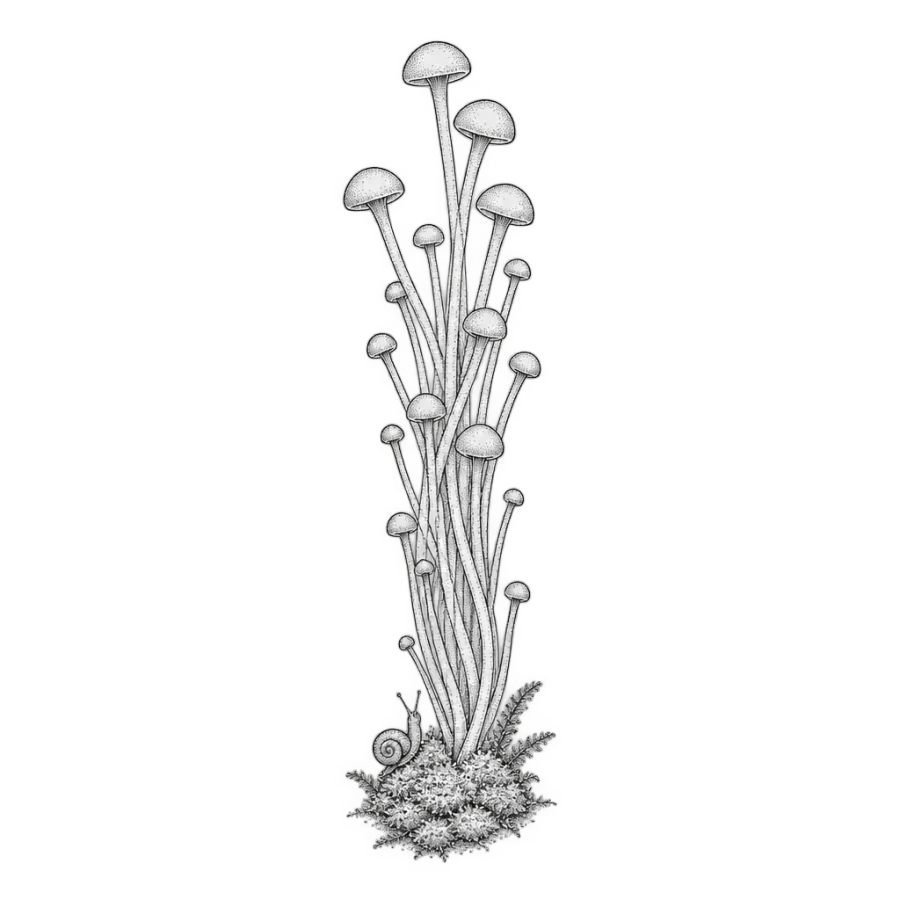Fine line mushroom tattoo design of slender enoki stems with a snail