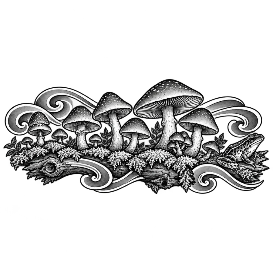 Japanese irezumi mushroom tattoo along a mossy log with a small frog