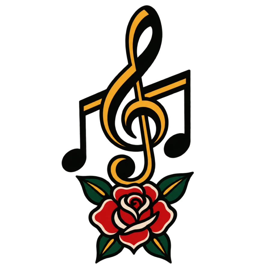 American traditional music note tattoo design with treble clef and a rose