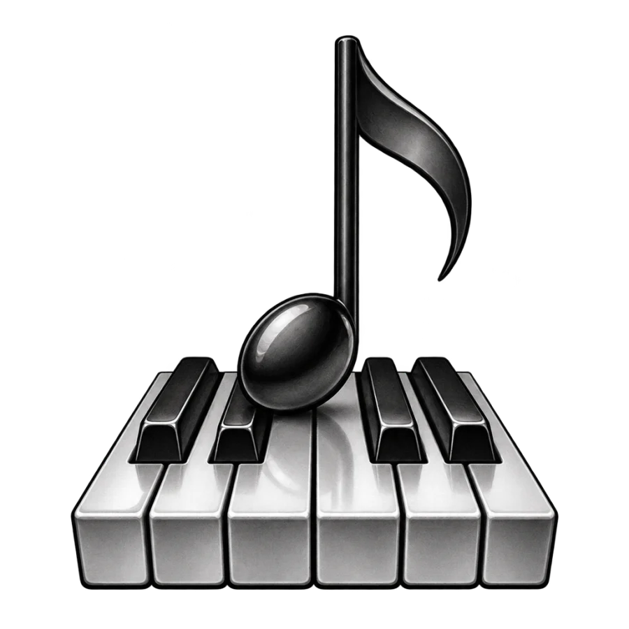 Black and grey realism music note tattoo design standing on polished piano keys