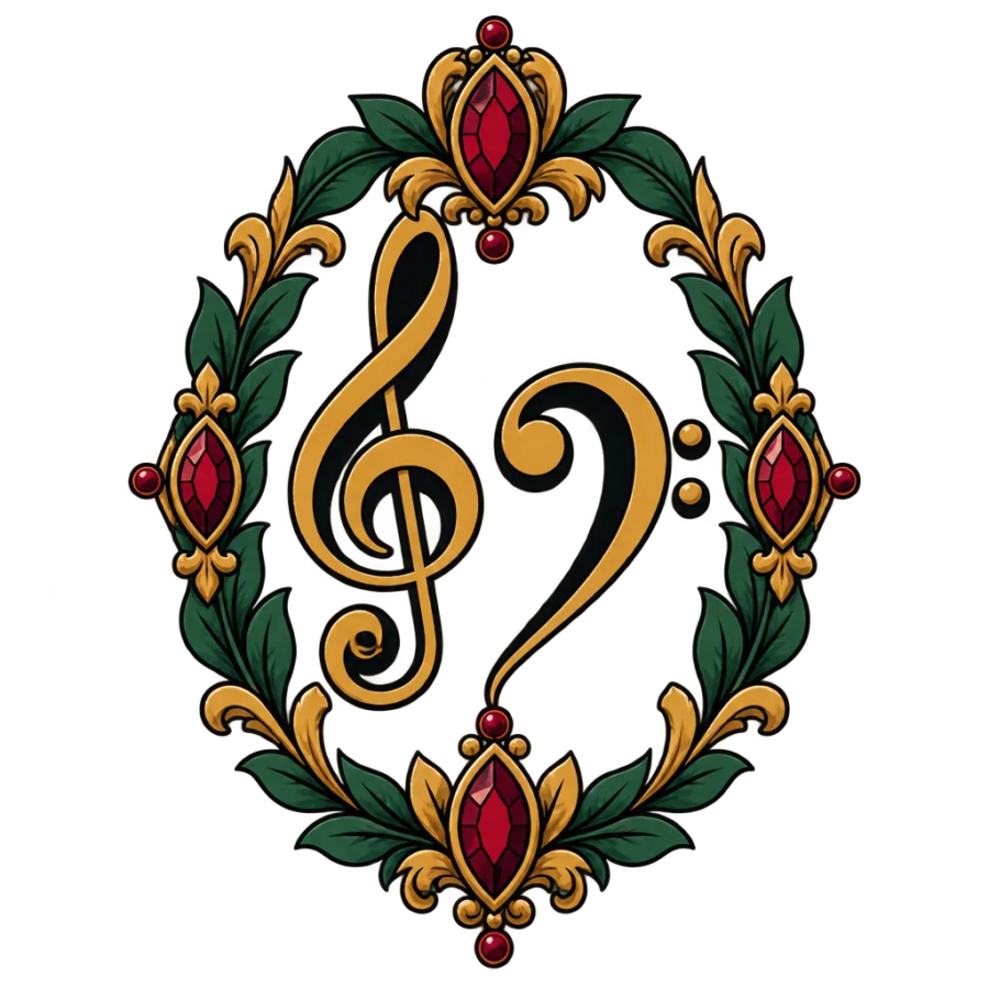 Neo traditional music note tattoo design with mirrored clefs in an ornate frame