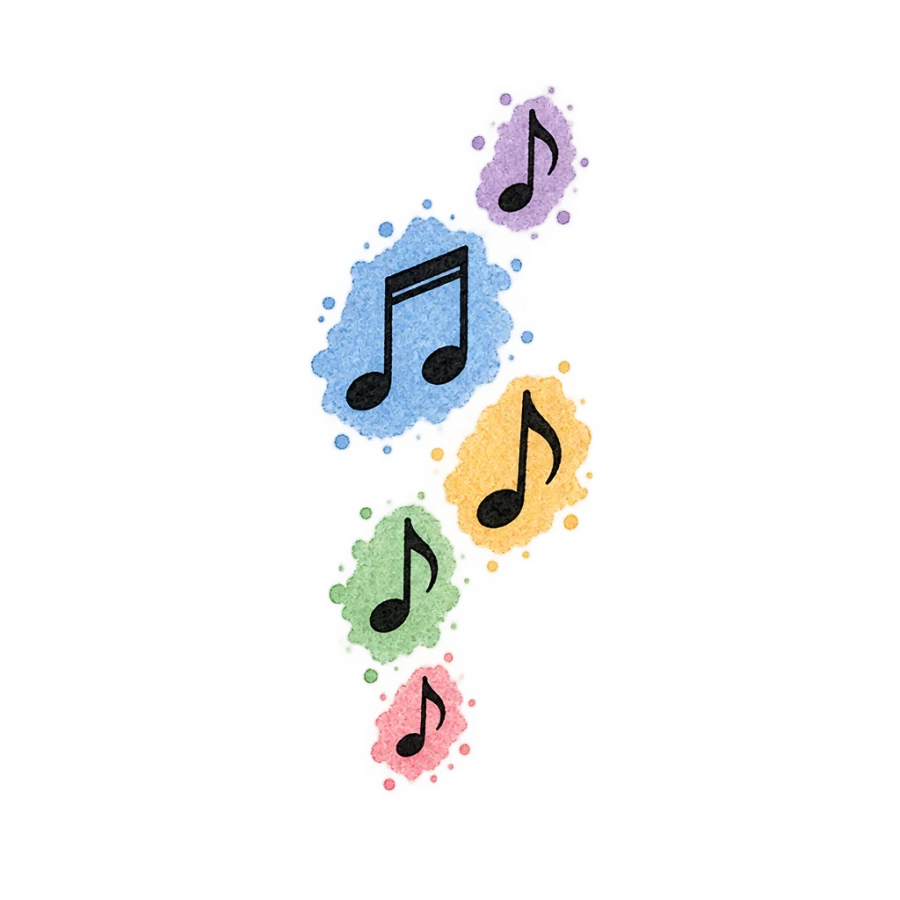 Watercolour music note tattoo design with five notes rising in colour washes