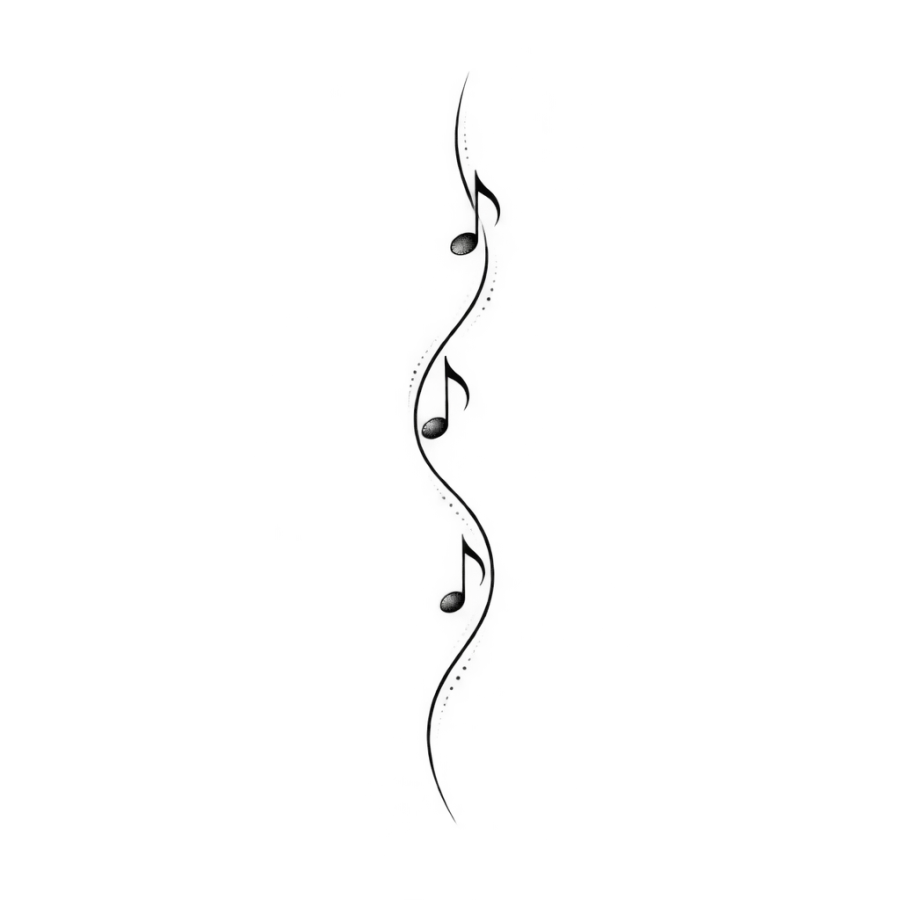 Fine line music note tattoo design with notes rising along a curving stave