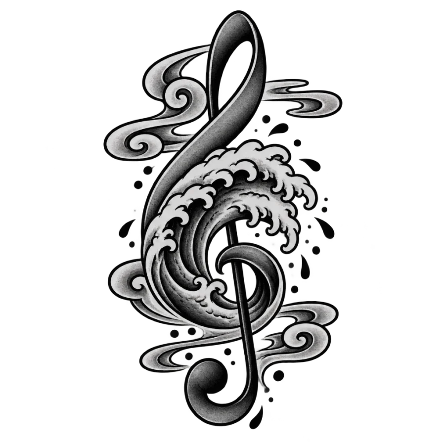 Japanese irezumi music note tattoo design with a treble clef as a breaking wave