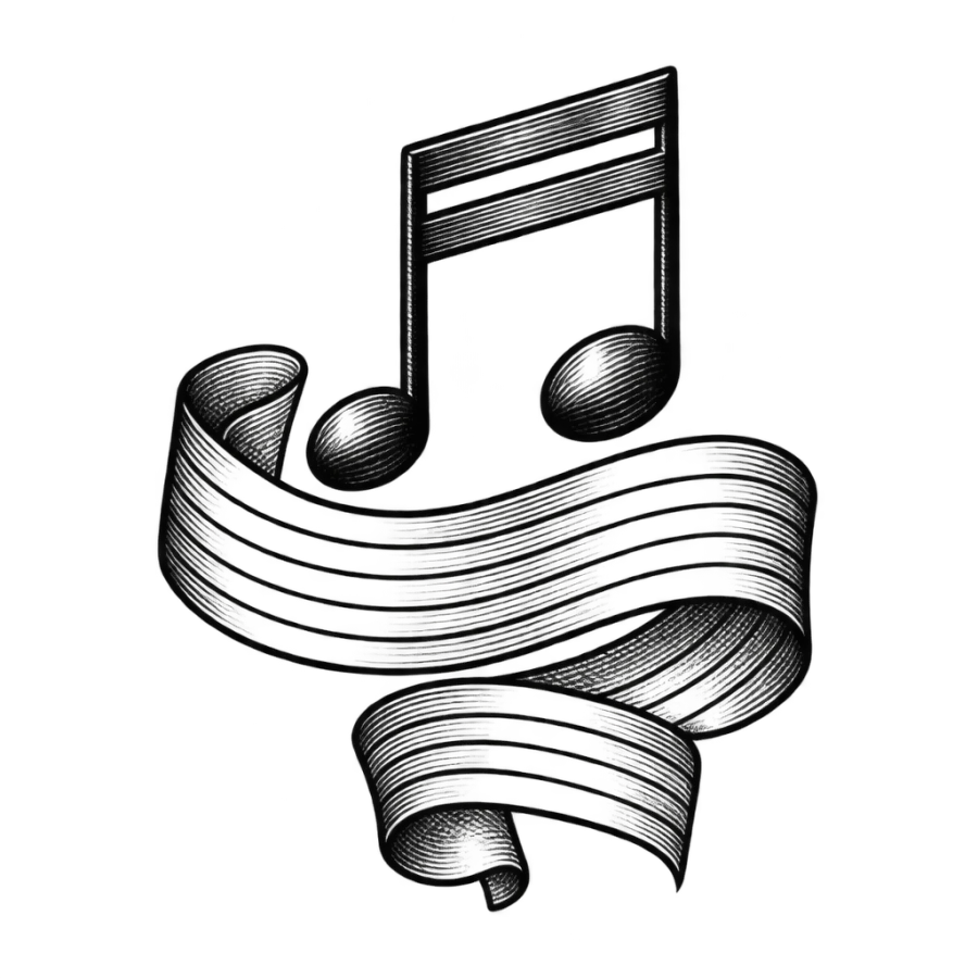 Engraved music note tattoo design with beamed notes over a scrolling stave ribbon