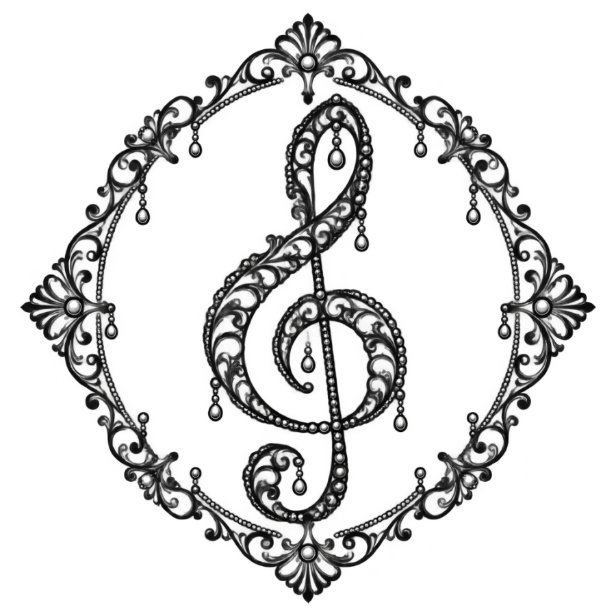 Ornamental filigree music note tattoo design with a lace treble clef medallion