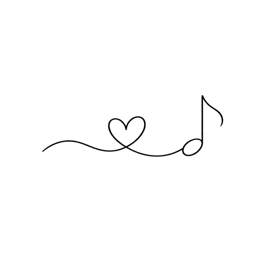 Minimalist single line music note tattoo design looping through a small heart