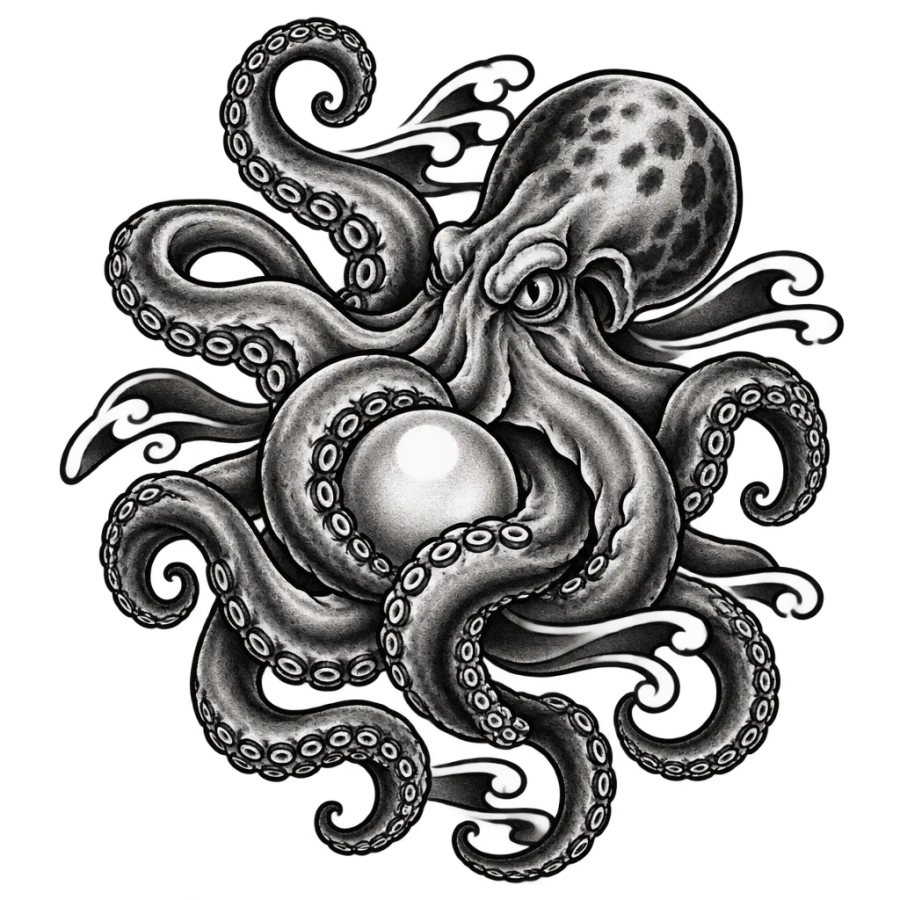 Japanese irezumi octopus tattoo design coiling tentacles around a single pearl