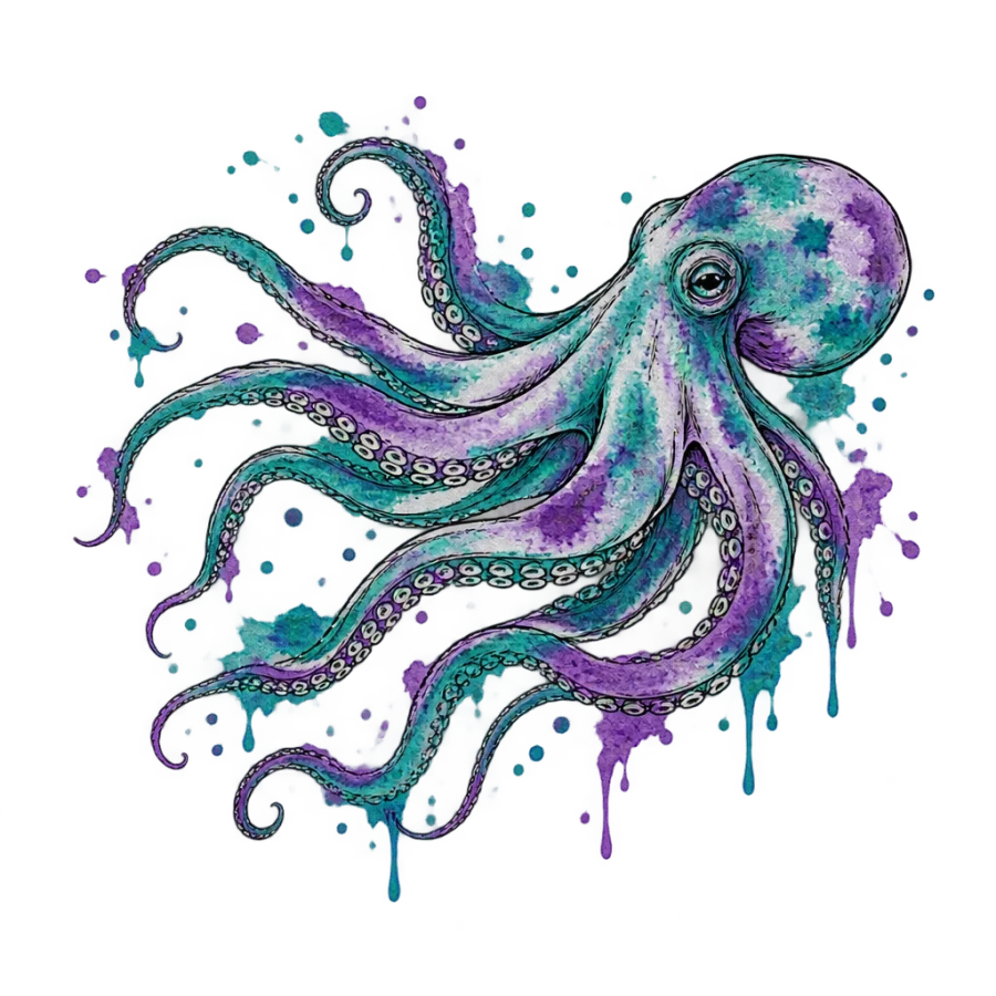 Watercolour octopus tattoo design with teal and violet washes over black line
