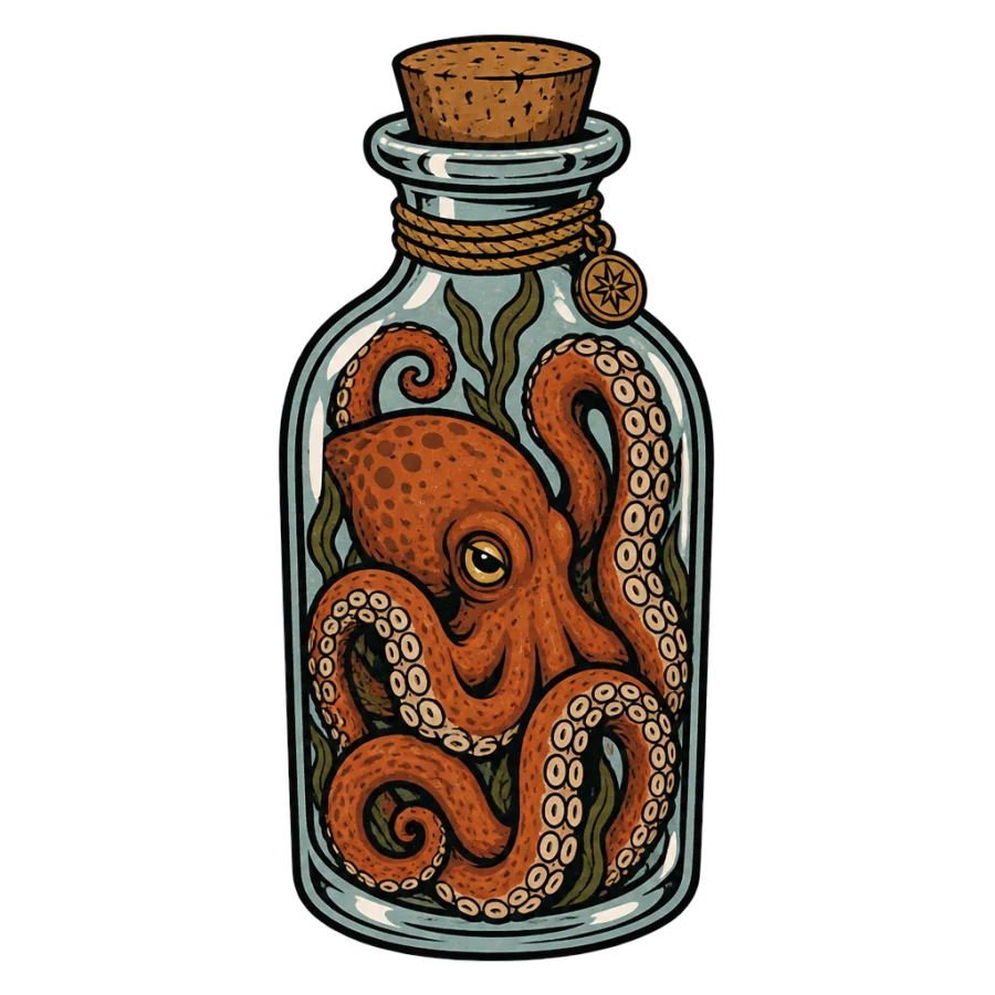 Neo traditional tattoo design of an octopus curled in a glass bottle