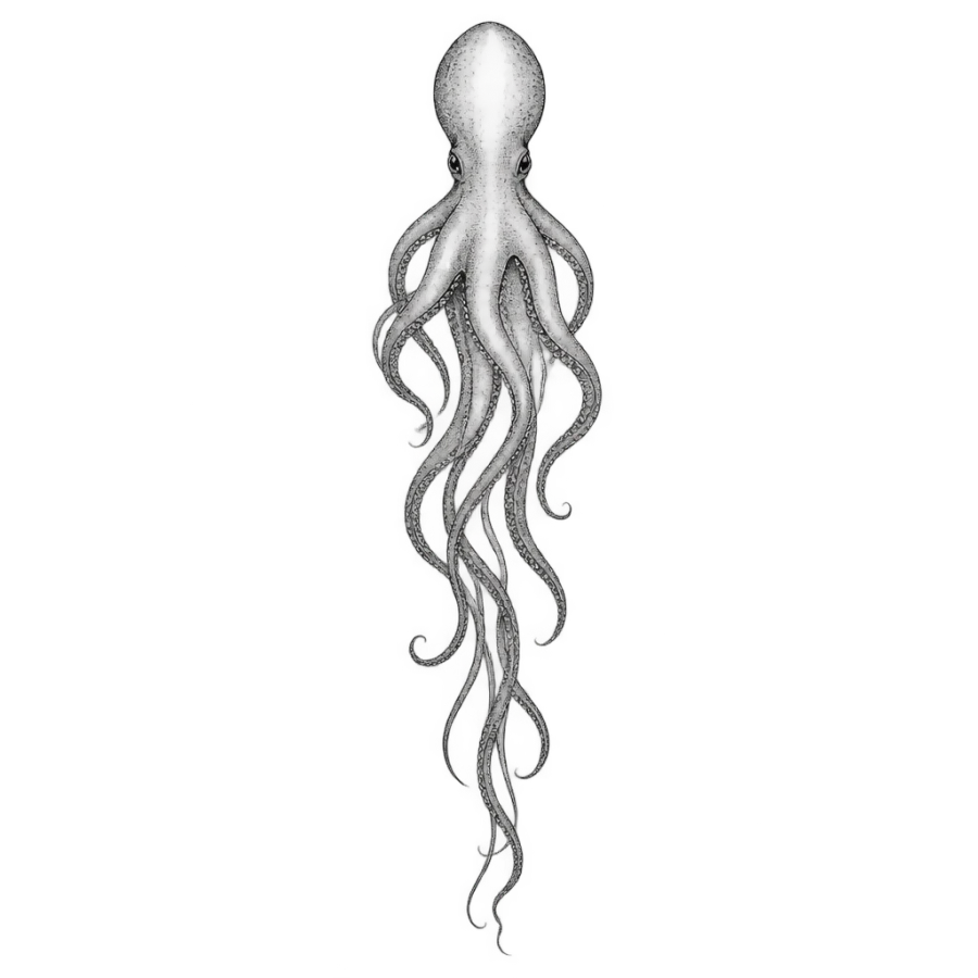 Fine line octopus tattoo design drifting downward with long trailing tentacles