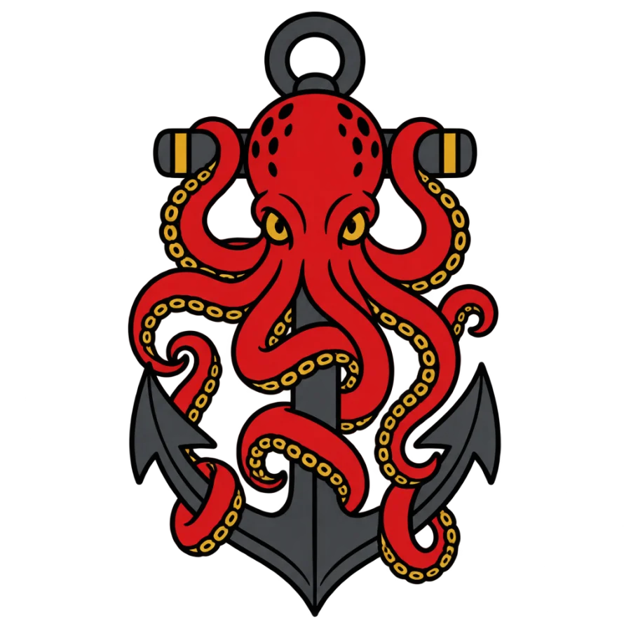 American traditional octopus tattoo design gripping a ship anchor in bold color