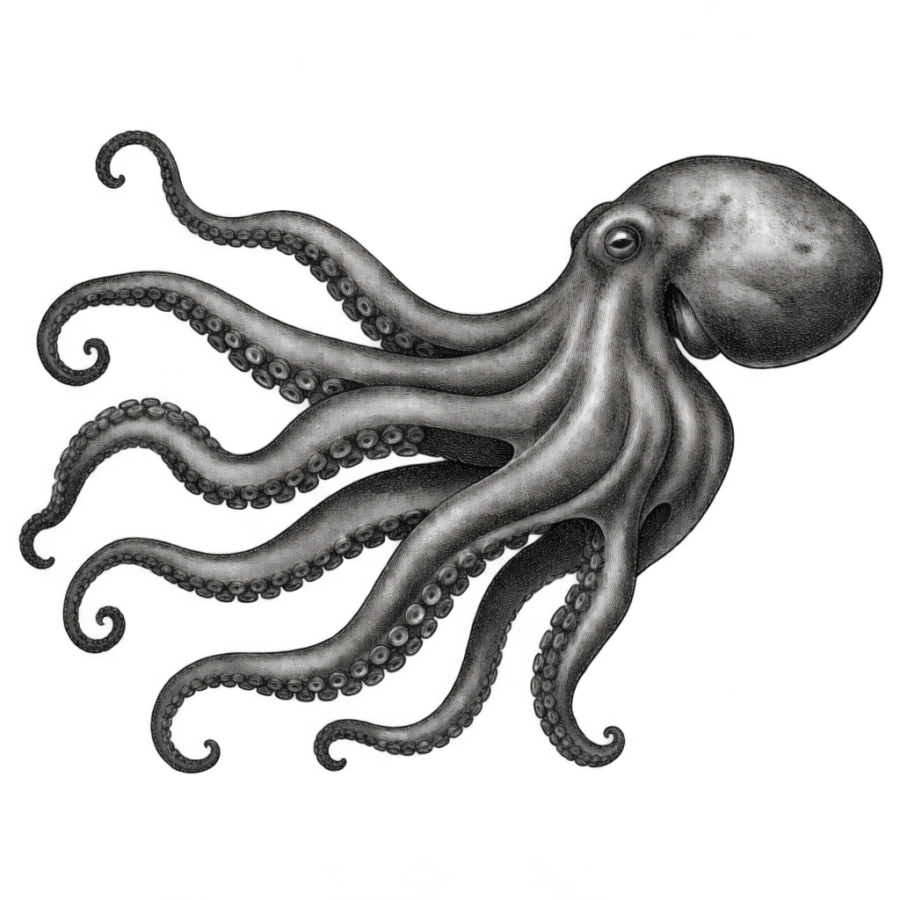 Engraved octopus tattoo design in profile with dense antique cross hatching