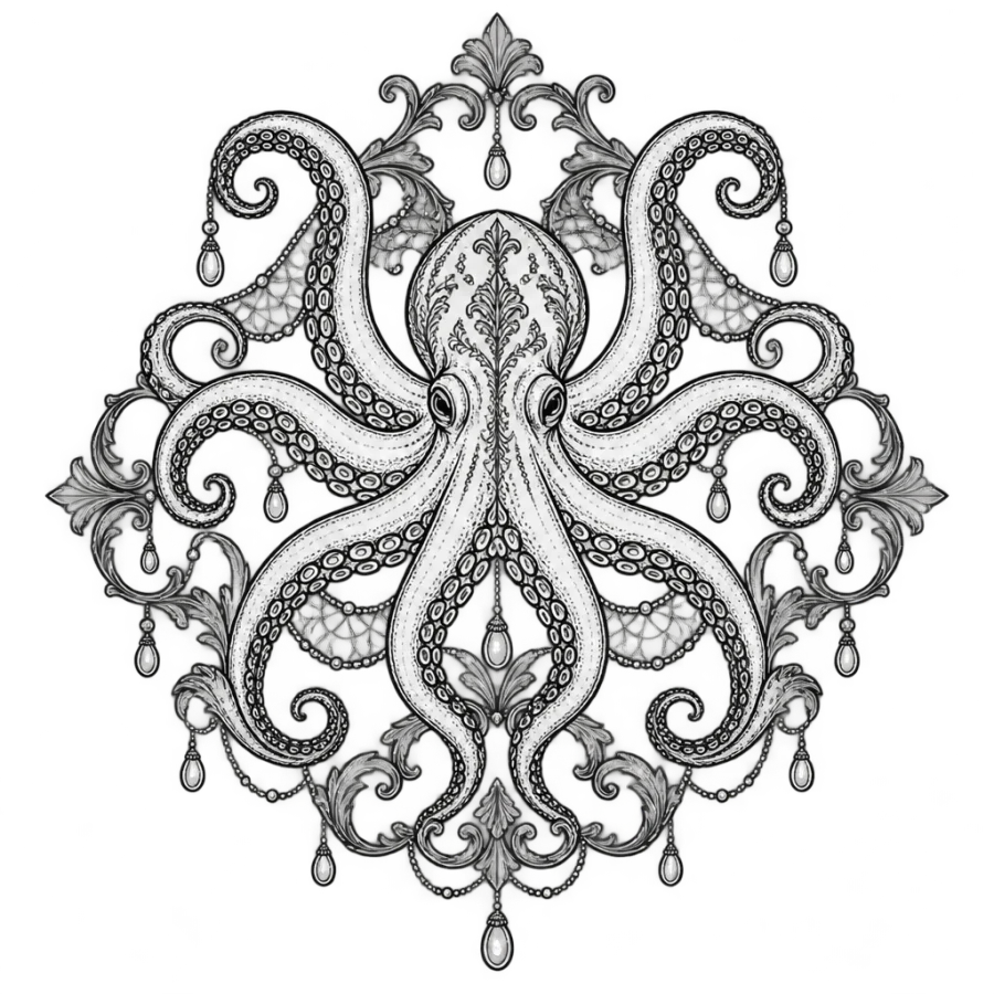 Ornamental filigree octopus tattoo design as a lace medallion with pearl drops