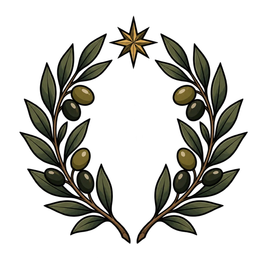 Neo traditional olive branch tattoo as a mirrored open wreath with a star